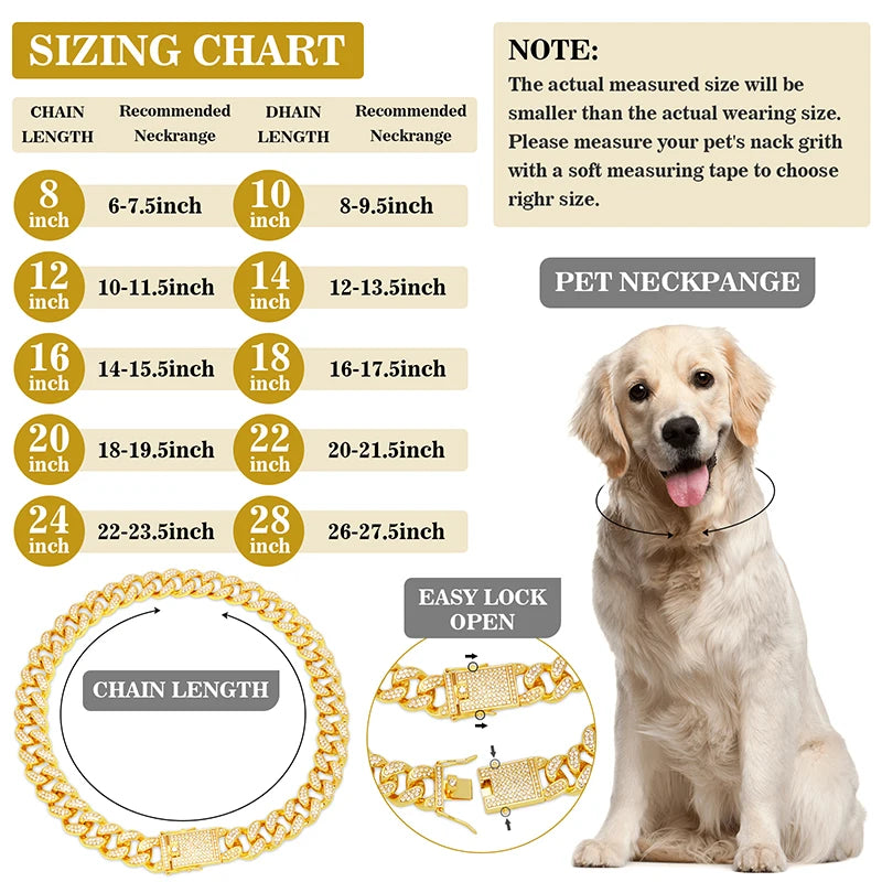 Personalized Dog Collars for Small Medium Large Dogs Cat Gold Chain Diamond Cuban Collar with Design Secure Buckle Pet Necklace