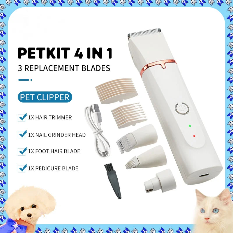 4 In 1 Pet Electric Hair Trimmer with 4 Blades Grooming Clipper Nail Grinder Professional Recharge Haircut for Dogs Low-Noise