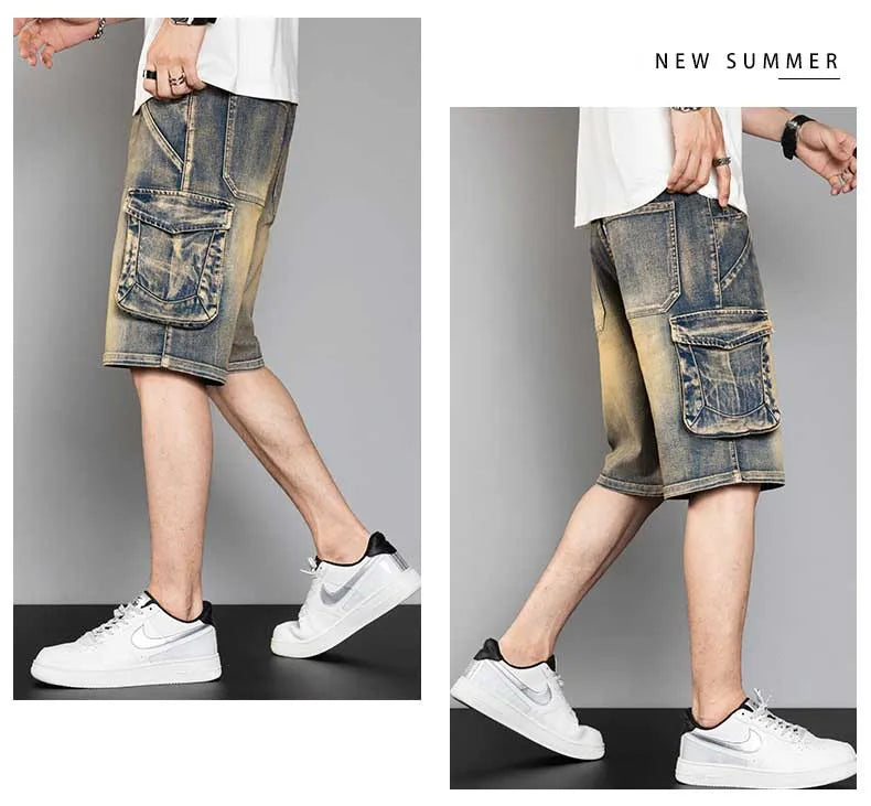 Classic Version Retro Pocket Jeans Shorts Men Casual Loose Baggy Cargo Shorts Streetwear Plus Size Harem Clothing