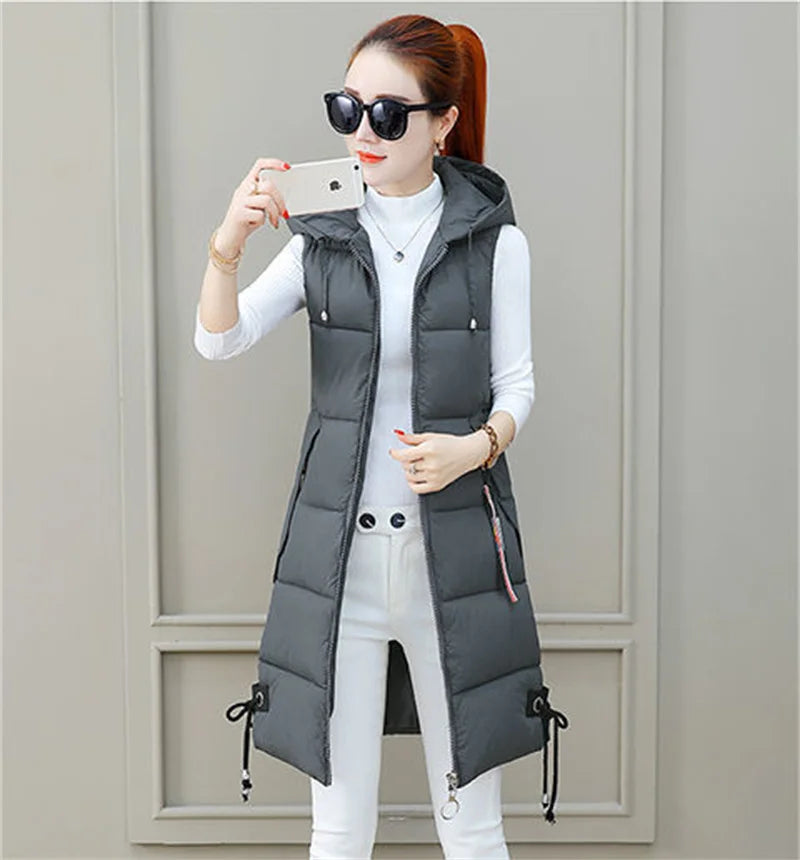 2023 New Autumn Winter Women Long Parkas Vest Warm Hooded Down Coat Parka Ladies Sleeveless Waistcoat Jacket Outwear