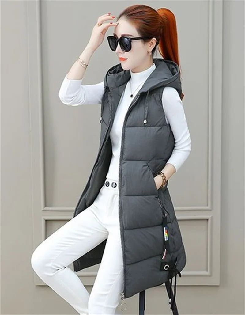 2023 New Autumn Winter Women Long Parkas Vest Warm Hooded Down Coat Parka Ladies Sleeveless Waistcoat Jacket Outwear