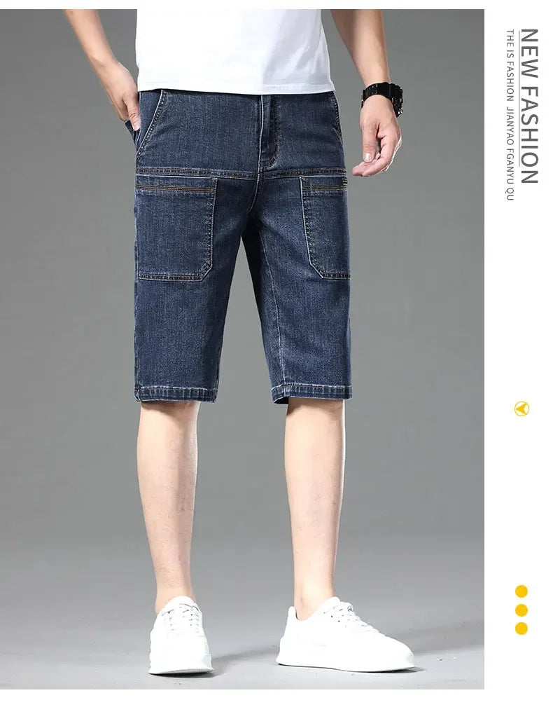 Multi-pocket Thin Denim Shorts Men Fashion Slim Straight Stretch Bermuda Jeans Casual Short Pants Male Brand Clothing