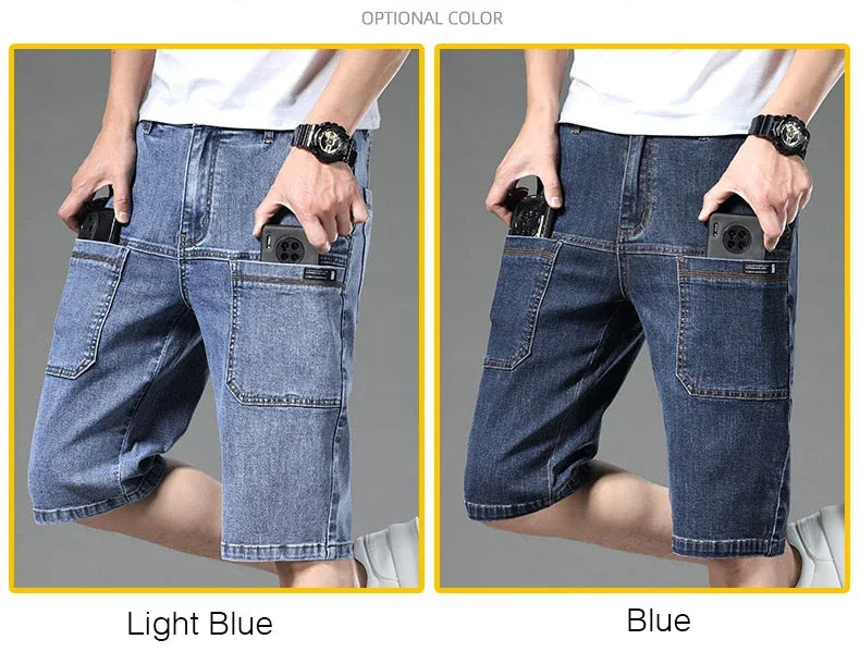 Multi-pocket Thin Denim Shorts Men Fashion Slim Straight Stretch Bermuda Jeans Casual Short Pants Male Brand Clothing