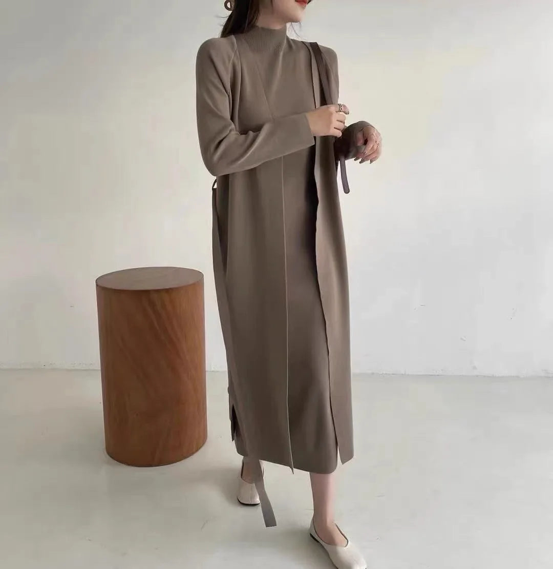 New Vintage 2 Piece Sets Women Outfit Autumn Winter Knit Long Sleeve Long Cardigan Coat + Half High Collar Camisole Dress Suit