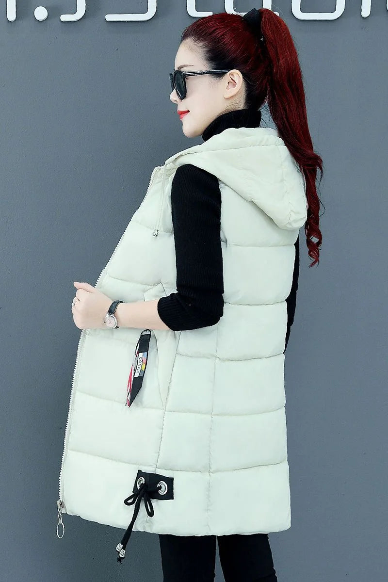 2023 New Autumn Winter Women Long Parkas Vest Warm Hooded Down Coat Parka Ladies Sleeveless Waistcoat Jacket Outwear