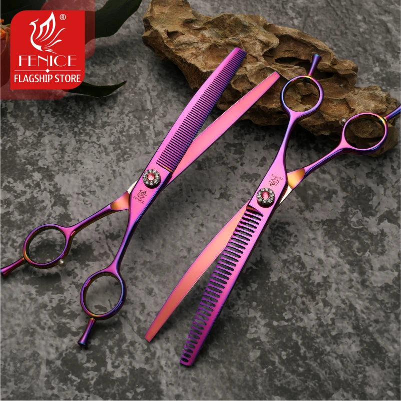 Fenice High-grade 6.5/7.25 inch Straight/Curved JP440C Thinning Rate 25%-70% Shears Chunker Scissors Pets Dog Grooming Scissors