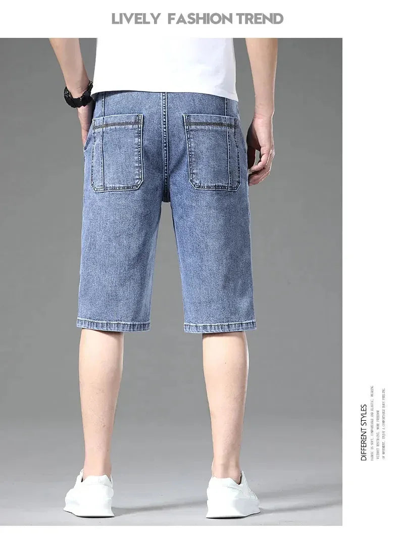 Multi-pocket Thin Denim Shorts Men Fashion Slim Straight Stretch Bermuda Jeans Casual Short Pants Male Brand Clothing