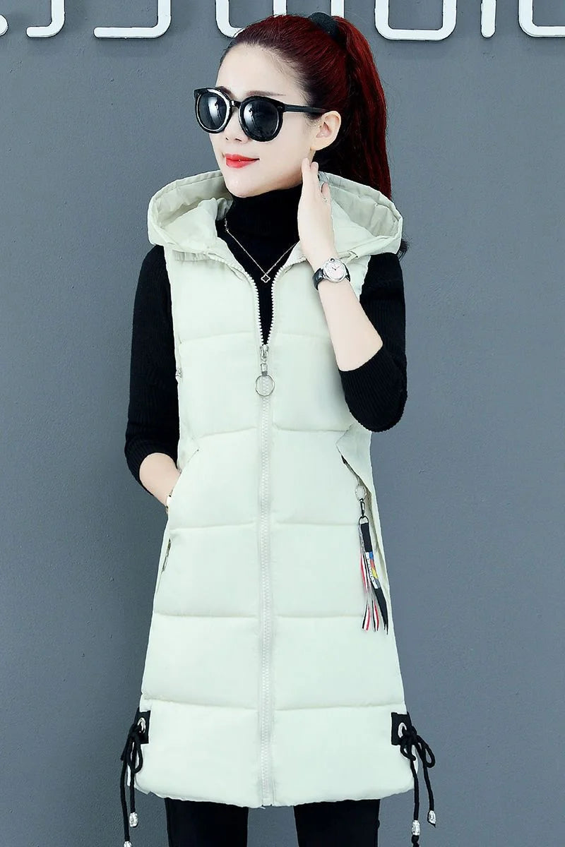 2023 New Autumn Winter Women Long Parkas Vest Warm Hooded Down Coat Parka Ladies Sleeveless Waistcoat Jacket Outwear