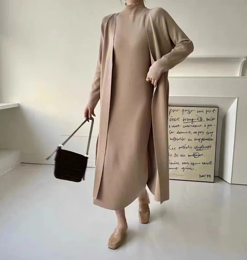 New Vintage 2 Piece Sets Women Outfit Autumn Winter Knit Long Sleeve Long Cardigan Coat + Half High Collar Camisole Dress Suit