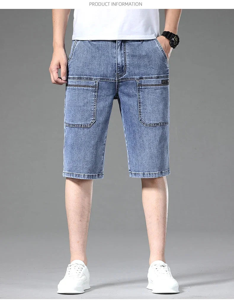 Multi-pocket Thin Denim Shorts Men Fashion Slim Straight Stretch Bermuda Jeans Casual Short Pants Male Brand Clothing