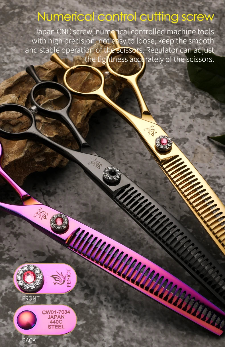 Fenice High-grade 6.5/7.25 inch Straight/Curved JP440C Thinning Rate 25%-70% Shears Chunker Scissors Pets Dog Grooming Scissors