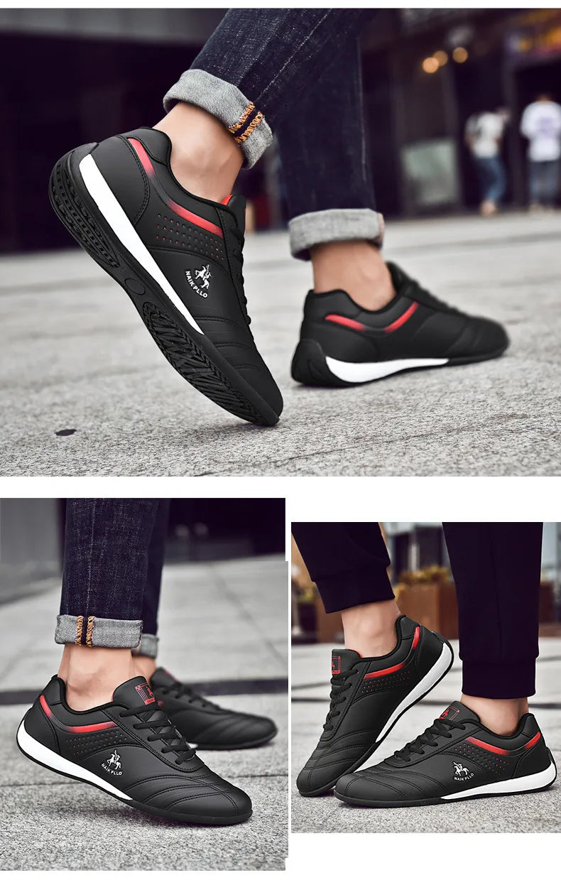 Men Shoes Trendy Solid Casual Leather Sneakers - Comfy Non Slip Lace Up Shoes For Outdoor Activities