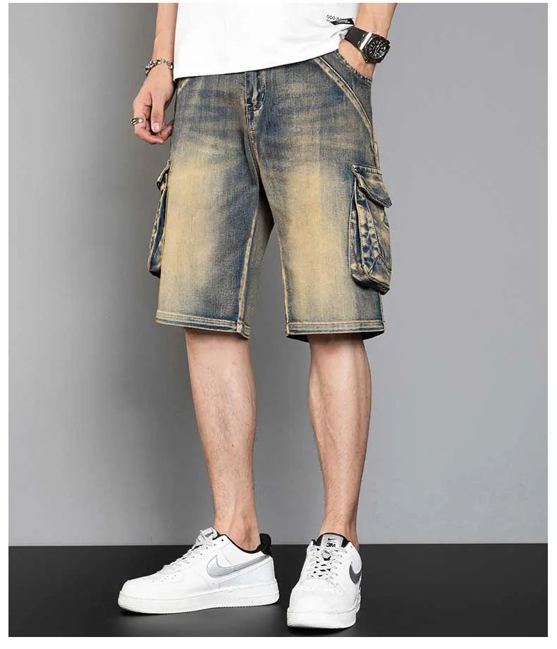 Classic Version Retro Pocket Jeans Shorts Men Casual Loose Baggy Cargo Shorts Streetwear Plus Size Harem Clothing