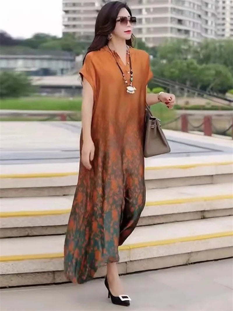 2023 Bohemian Printed Slim Raglan Sleeves Big Brand Silk Silk Dress Women Summer Temperament Mom High Grade Printed Long Skirt