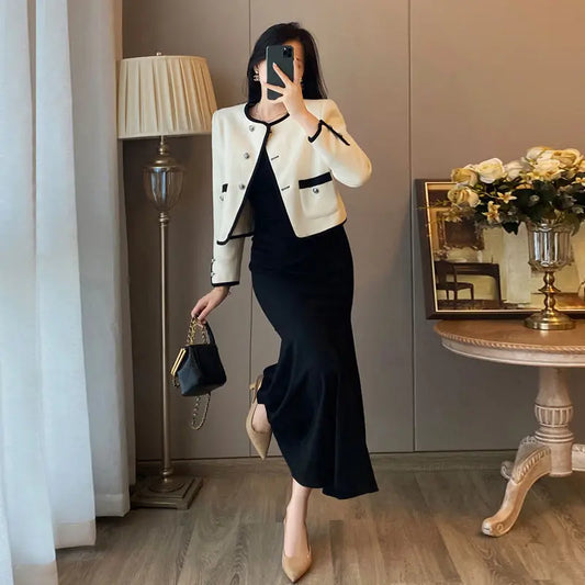 2024 Autumn New Women's Clothing Matching Sets French Graceful Slim Coat Black Mermaid Dress Suit Lady Jacket Dresses Outfits