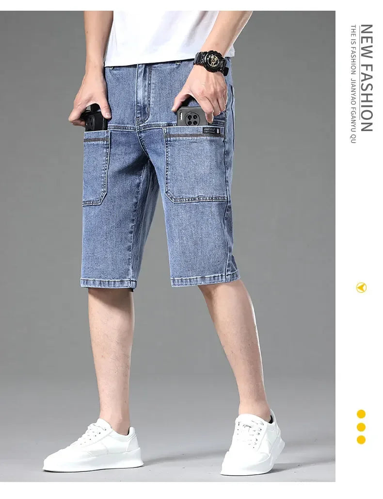 Multi-pocket Thin Denim Shorts Men Fashion Slim Straight Stretch Bermuda Jeans Casual Short Pants Male Brand Clothing