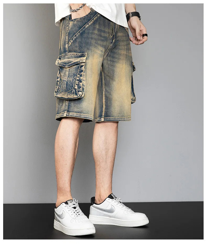 Classic Version Retro Pocket Jeans Shorts Men Casual Loose Baggy Cargo Shorts Streetwear Plus Size Harem Clothing