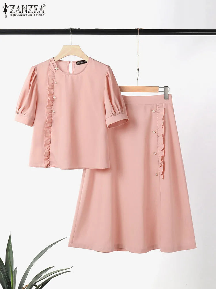 ZANZEA Vintage 2PCS Ruffled Dress Sets Women Buttons Outfits 2024 Summer Short Sleeve Tops Suit Casual Office Long Skirt Sets