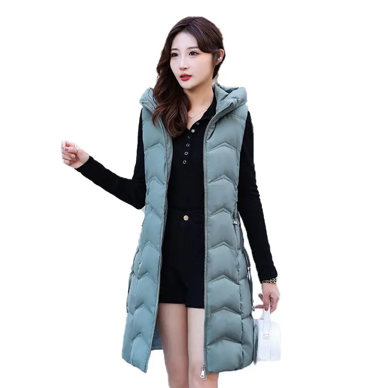 2024 New Winter Hooded Waistcoat Women Long Slim Down Cotton Vests Coat Female Sleeveless Puffer Parkas Black Beige Outerwear