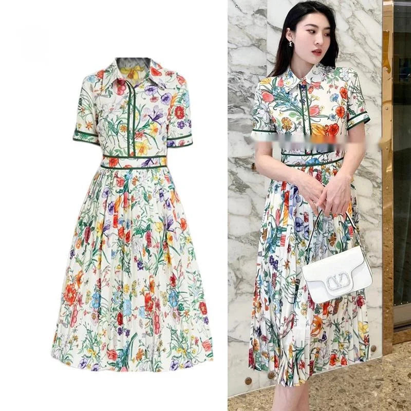 JAMERARY Runway Design Fashion Floral Print Elegant Summer Pleated Midi Long Dress Shirt Street Casual Lady Office Work Dresses