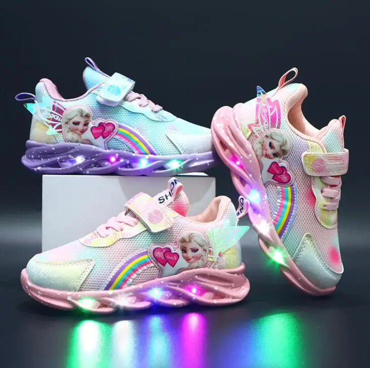 Disney LED Casual Sneakers Pink Purple For Spring Girls Frozen Elsa Princess Print Outdoor Shoes Children Lighted Non-slip Shoes