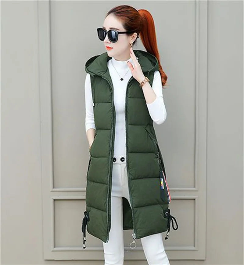 2023 New Autumn Winter Women Long Parkas Vest Warm Hooded Down Coat Parka Ladies Sleeveless Waistcoat Jacket Outwear