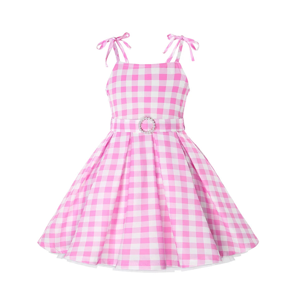 Girls Movie Princess Dress Cosplay Costume Pink Plaid Beach Barbi Outfit Birthday Halloween Party Kids Dress