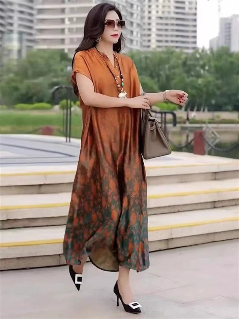 2023 Bohemian Printed Slim Raglan Sleeves Big Brand Silk Silk Dress Women Summer Temperament Mom High Grade Printed Long Skirt