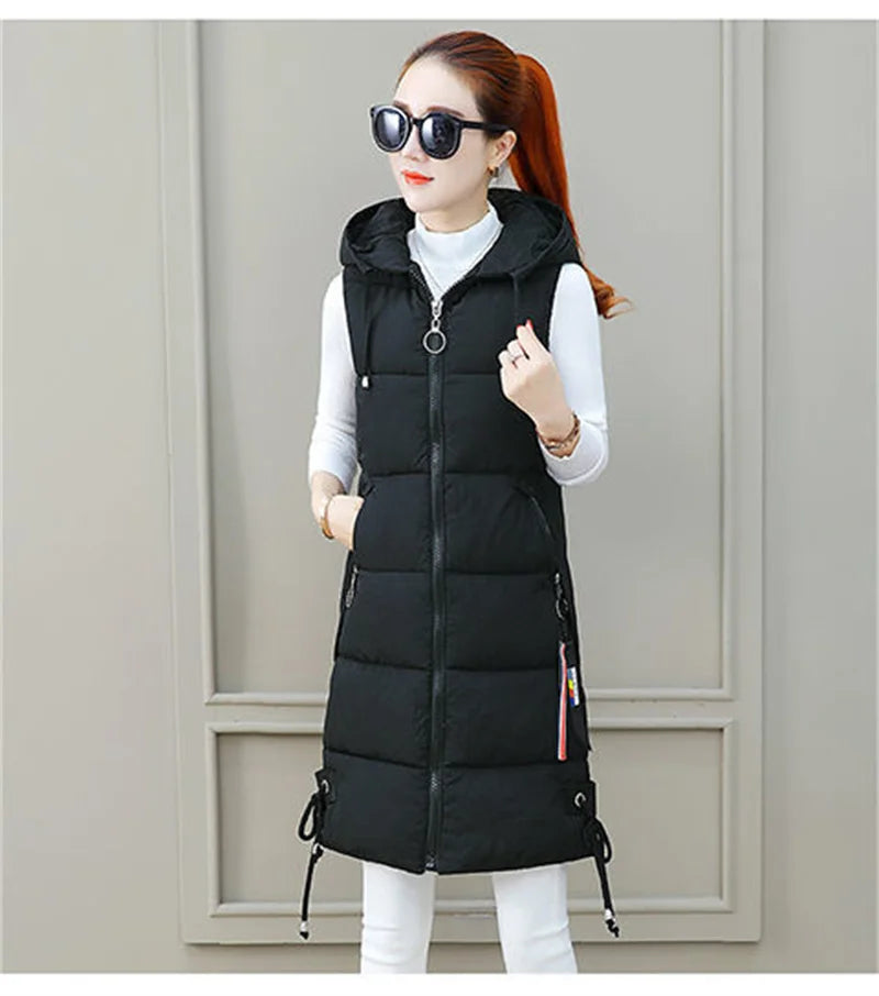 2023 New Autumn Winter Women Long Parkas Vest Warm Hooded Down Coat Parka Ladies Sleeveless Waistcoat Jacket Outwear