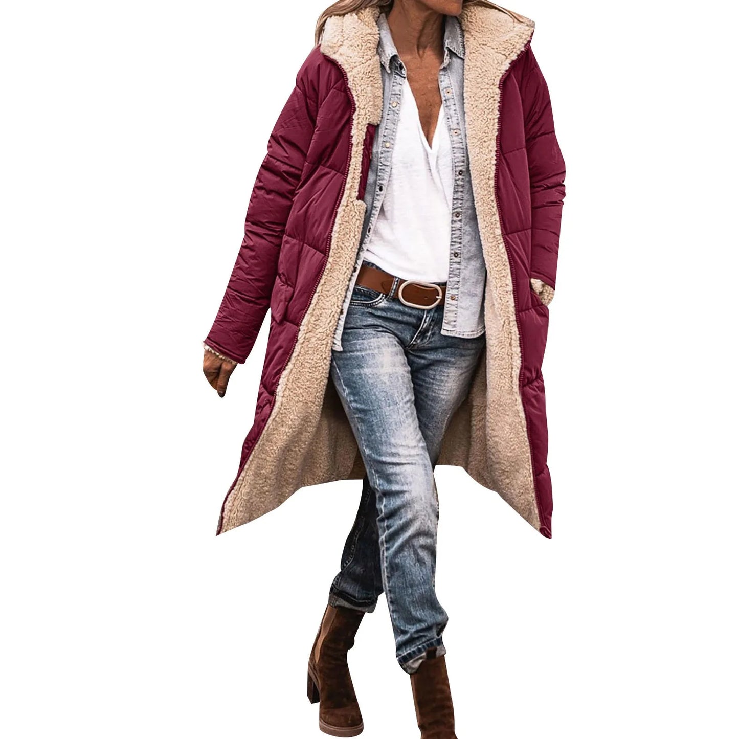 Women's 2024 Warm Winter Coats Reversible Fleece Long Hooded Puffer Jackets Outerwear Casual Long Sleeve Pocket Zipper Coat