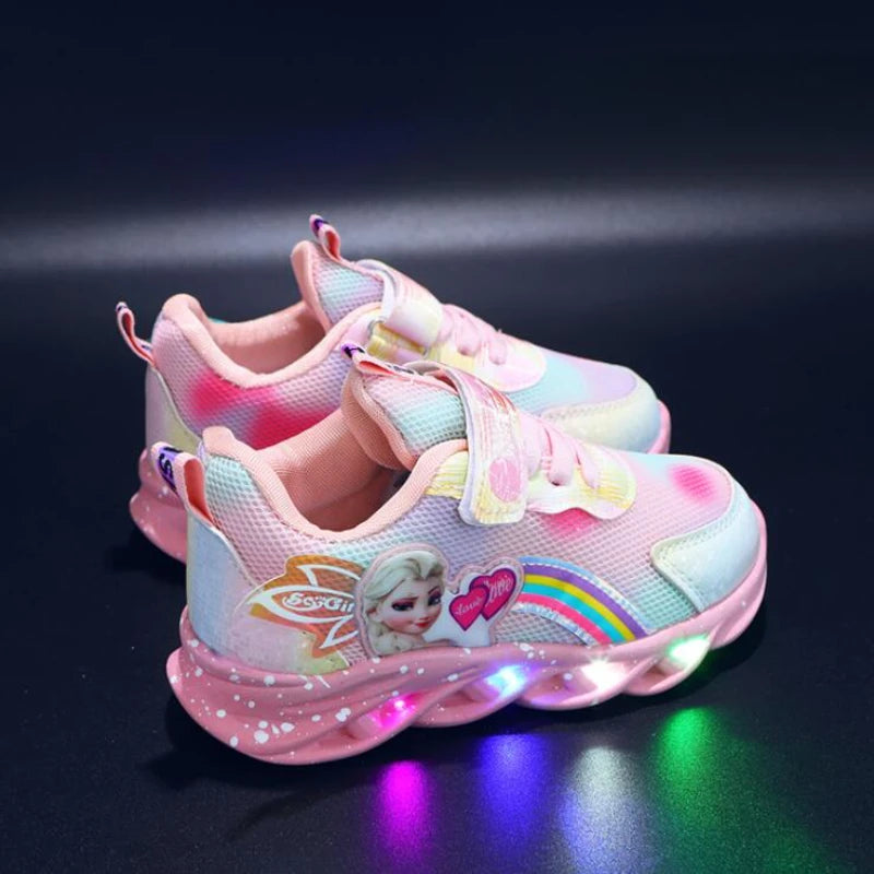 Disney LED Casual Sneakers Pink Purple For Spring Girls Frozen Elsa Princess Print Outdoor Shoes Children Lighted Non-slip Shoes