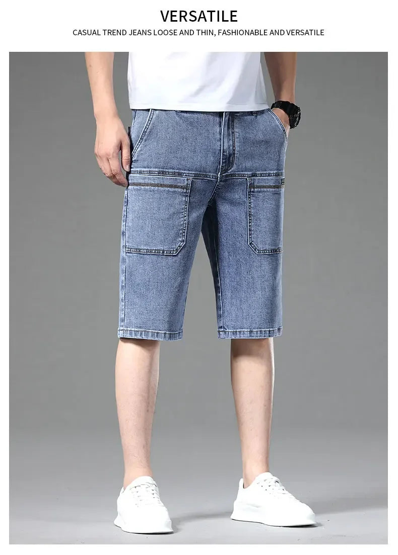 Multi-pocket Thin Denim Shorts Men Fashion Slim Straight Stretch Bermuda Jeans Casual Short Pants Male Brand Clothing