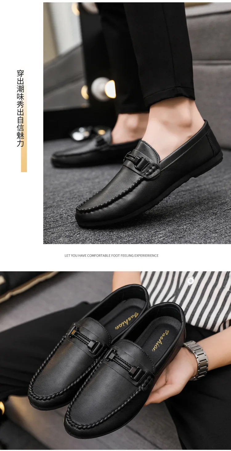 Mens Genuine Leather Loafers Luxury Formal Wedding Dress Shoes Soft Comfortable Waterproof Driving Shoes Slip on Flats Moccasin