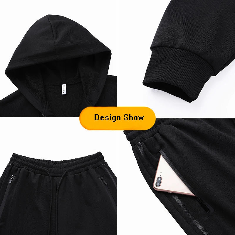 Sportswear Men Autumn Windproof Gym Clothing Polyester Knitting Fitness Tracksuit Hooded Breathable Jogging Runing Sport Set