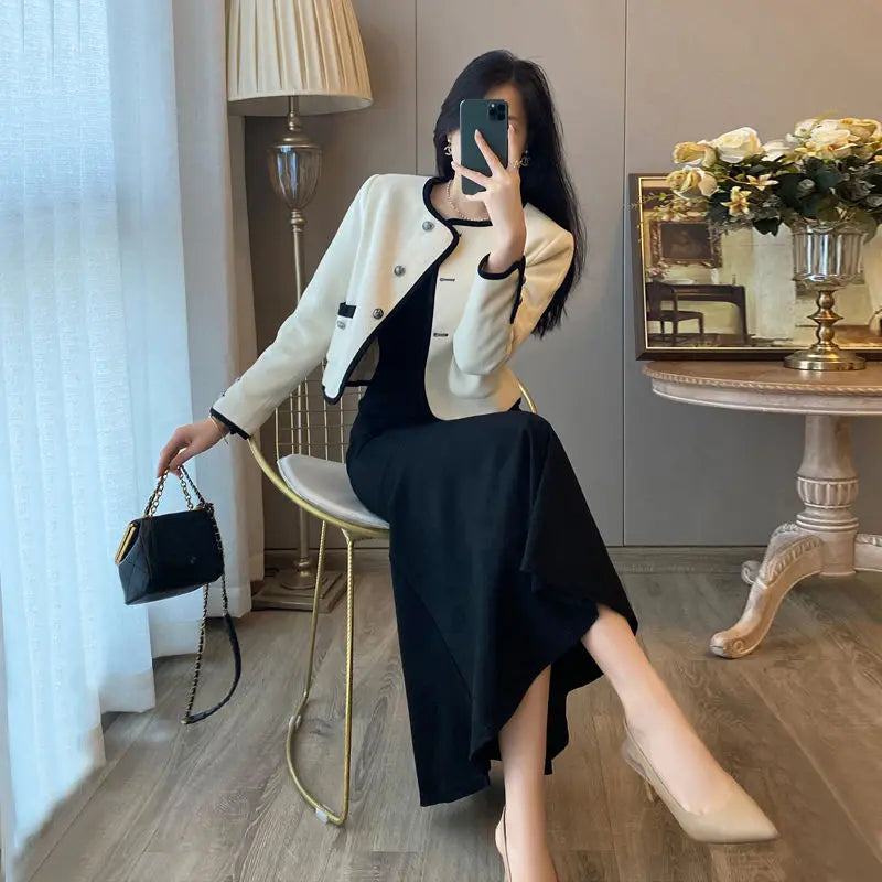 2024 Autumn New Women's Clothing Matching Sets French Graceful Slim Coat Black Mermaid Dress Suit Lady Jacket Dresses Outfits