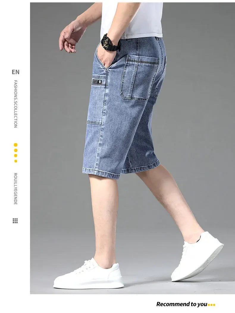 Multi-pocket Thin Denim Shorts Men Fashion Slim Straight Stretch Bermuda Jeans Casual Short Pants Male Brand Clothing