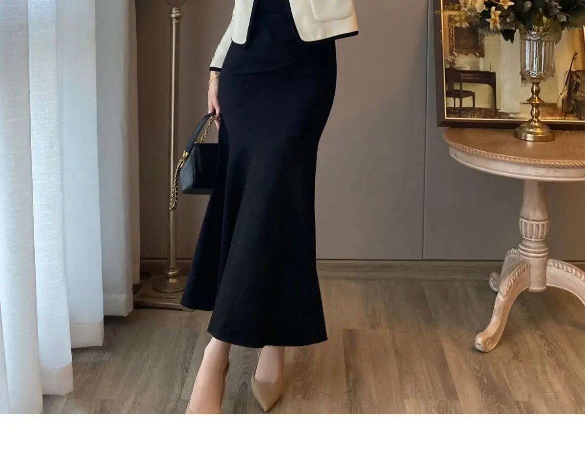 2024 Autumn New Women's Clothing Matching Sets French Graceful Slim Coat Black Mermaid Dress Suit Lady Jacket Dresses Outfits