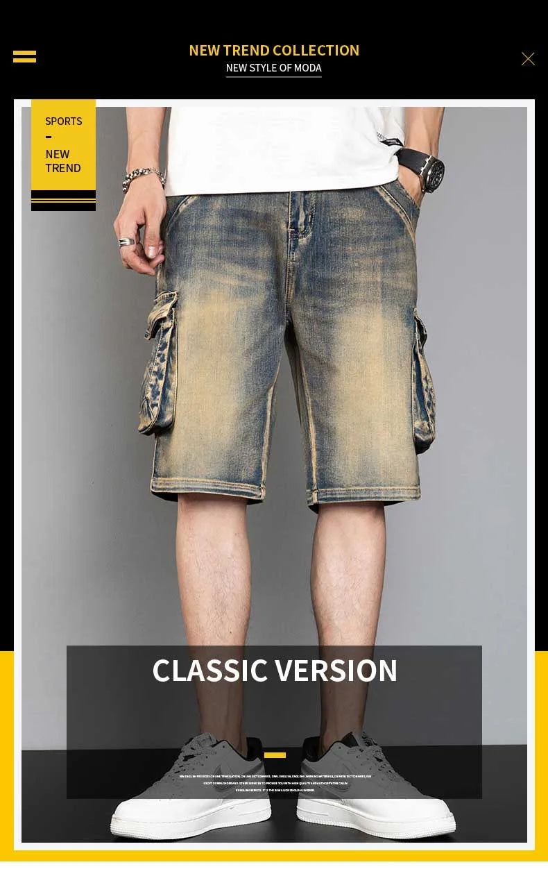 Classic Version Retro Pocket Jeans Shorts Men Casual Loose Baggy Cargo Shorts Streetwear Plus Size Harem Clothing