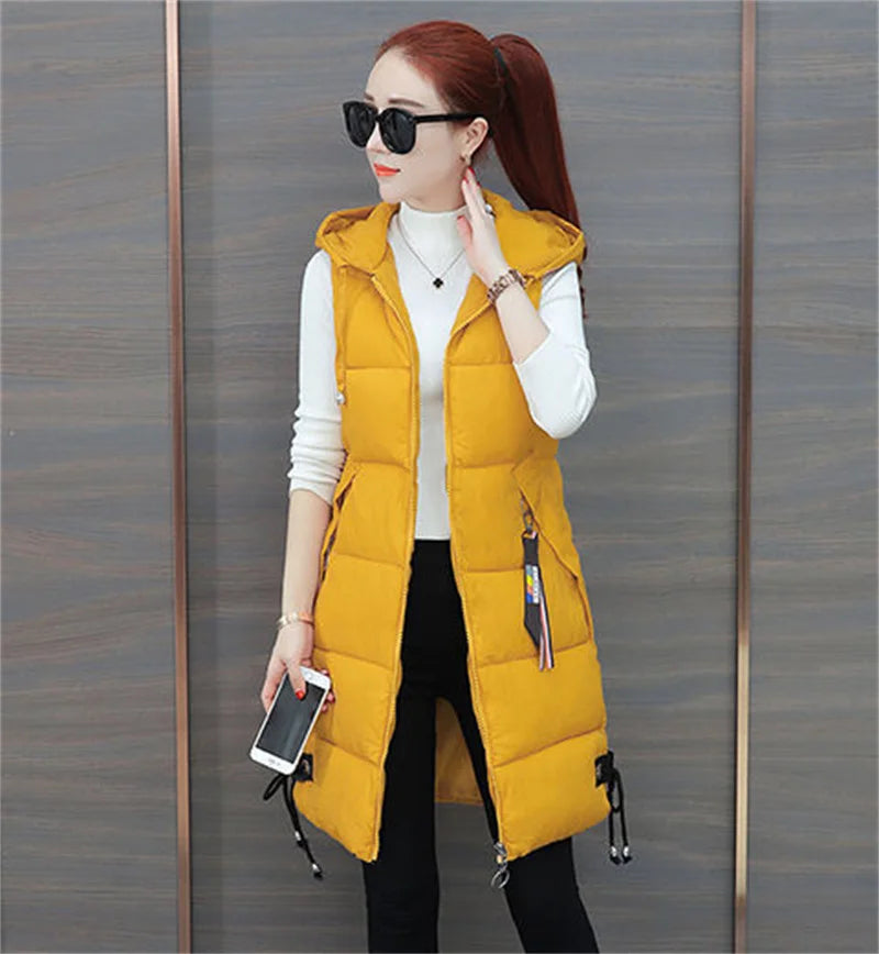 2023 New Autumn Winter Women Long Parkas Vest Warm Hooded Down Coat Parka Ladies Sleeveless Waistcoat Jacket Outwear