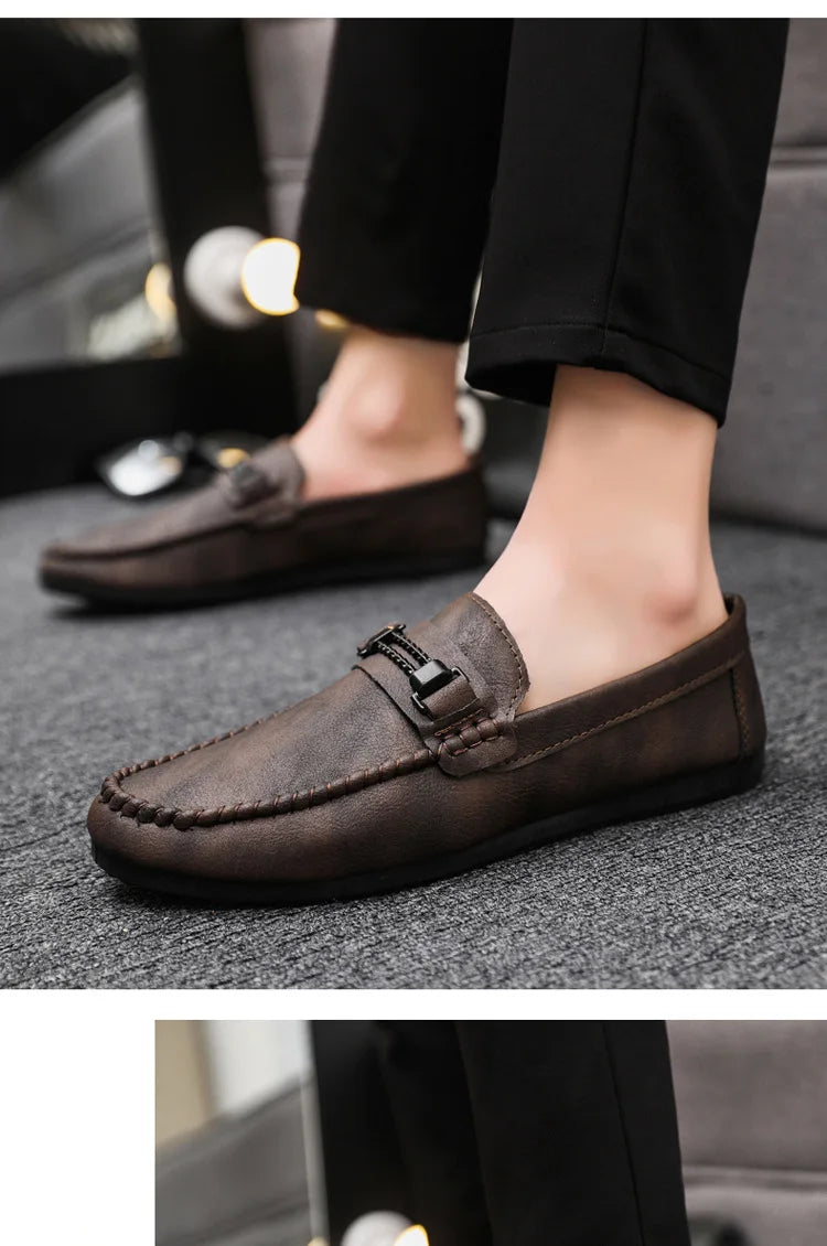 Mens Genuine Leather Loafers Luxury Formal Wedding Dress Shoes Soft Comfortable Waterproof Driving Shoes Slip on Flats Moccasin