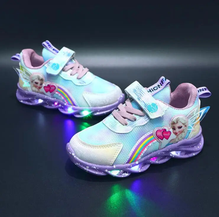 Disney LED Casual Sneakers Pink Purple For Spring Girls Frozen Elsa Princess Print Outdoor Shoes Children Lighted Non-slip Shoes