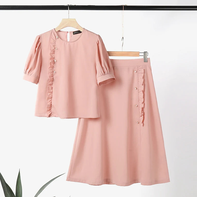 ZANZEA Vintage 2PCS Ruffled Dress Sets Women Buttons Outfits 2024 Summer Short Sleeve Tops Suit Casual Office Long Skirt Sets