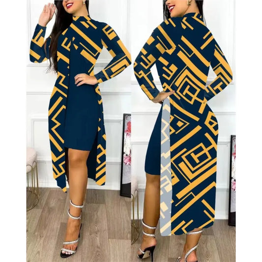 Two Piece Set Women Print Dresses Sets Full Sleeve Half High Collar Split Cardigan Dress Suits Elegant A Line Office Lady