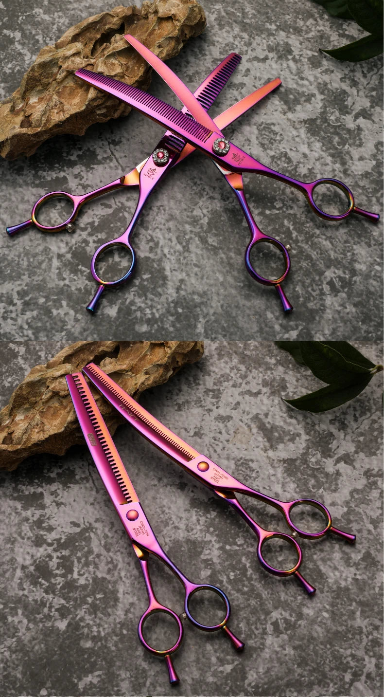 Fenice High-grade 6.5/7.25 inch Straight/Curved JP440C Thinning Rate 25%-70% Shears Chunker Scissors Pets Dog Grooming Scissors