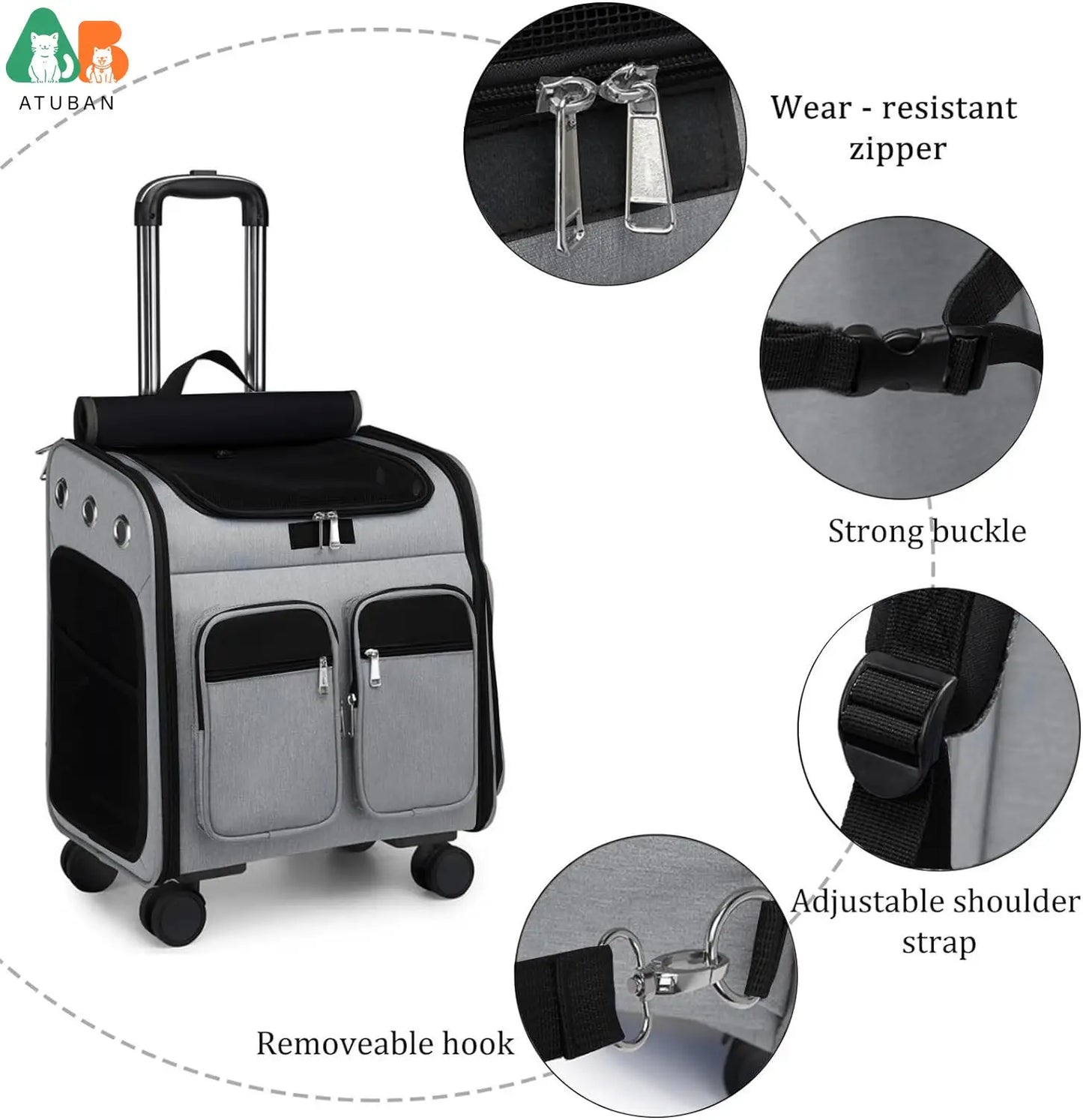 ATUBAN Wheeled Pet Carrier Backpack Breathable Pet Carrier Wheels Collapsible Dog Backpack Carrier for Small Dogs Cats Puppy Dog