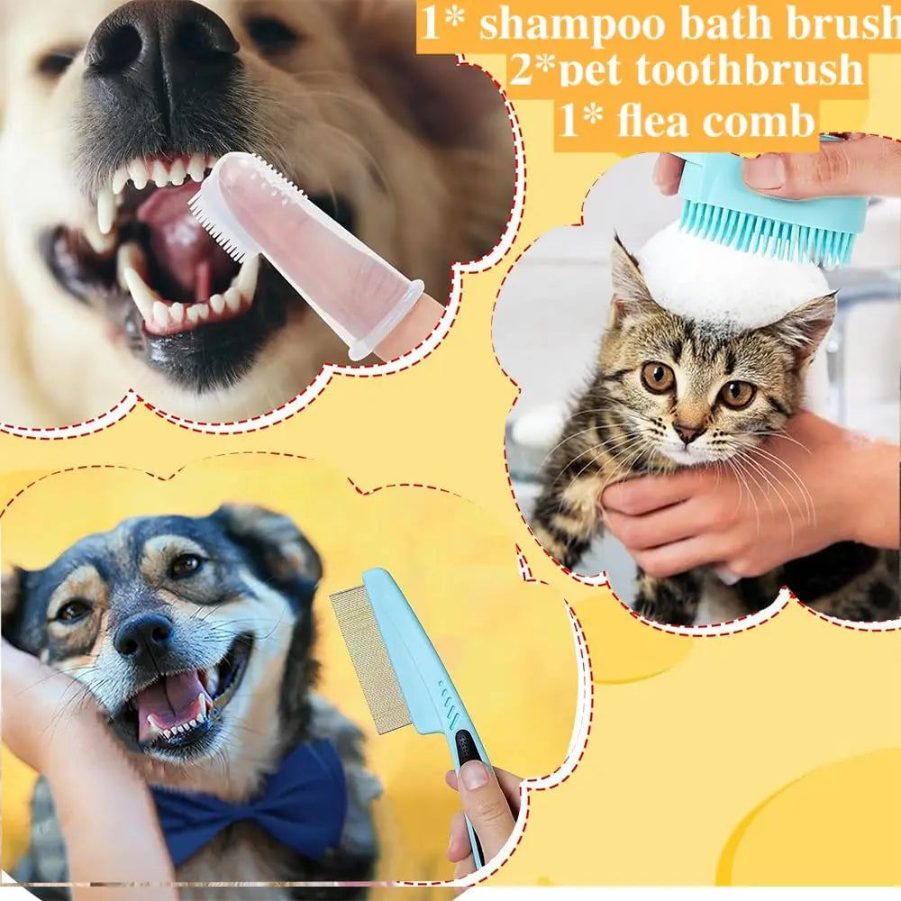 7-piece cat and dog brush beauty set, pet self-cleaning brush with pet nail clippers and files, flea dog comb, pet shower brush