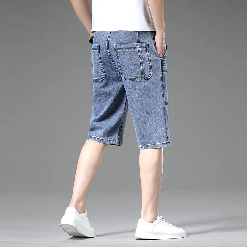 Multi-pocket Thin Denim Shorts Men Fashion Slim Straight Stretch Bermuda Jeans Casual Short Pants Male Brand Clothing