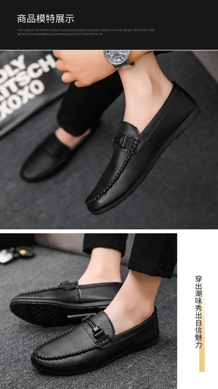 Mens Genuine Leather Loafers Luxury Formal Wedding Dress Shoes Soft Comfortable Waterproof Driving Shoes Slip on Flats Moccasin