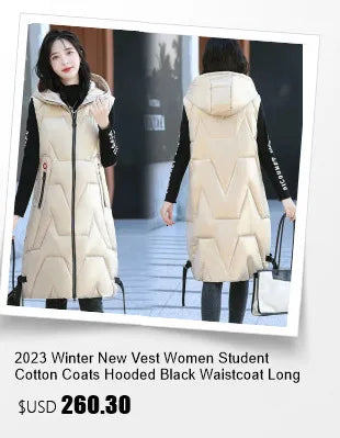 2024 New Winter Hooded Waistcoat Women Long Slim Down Cotton Vests Coat Female Sleeveless Puffer Parkas Black Beige Outerwear