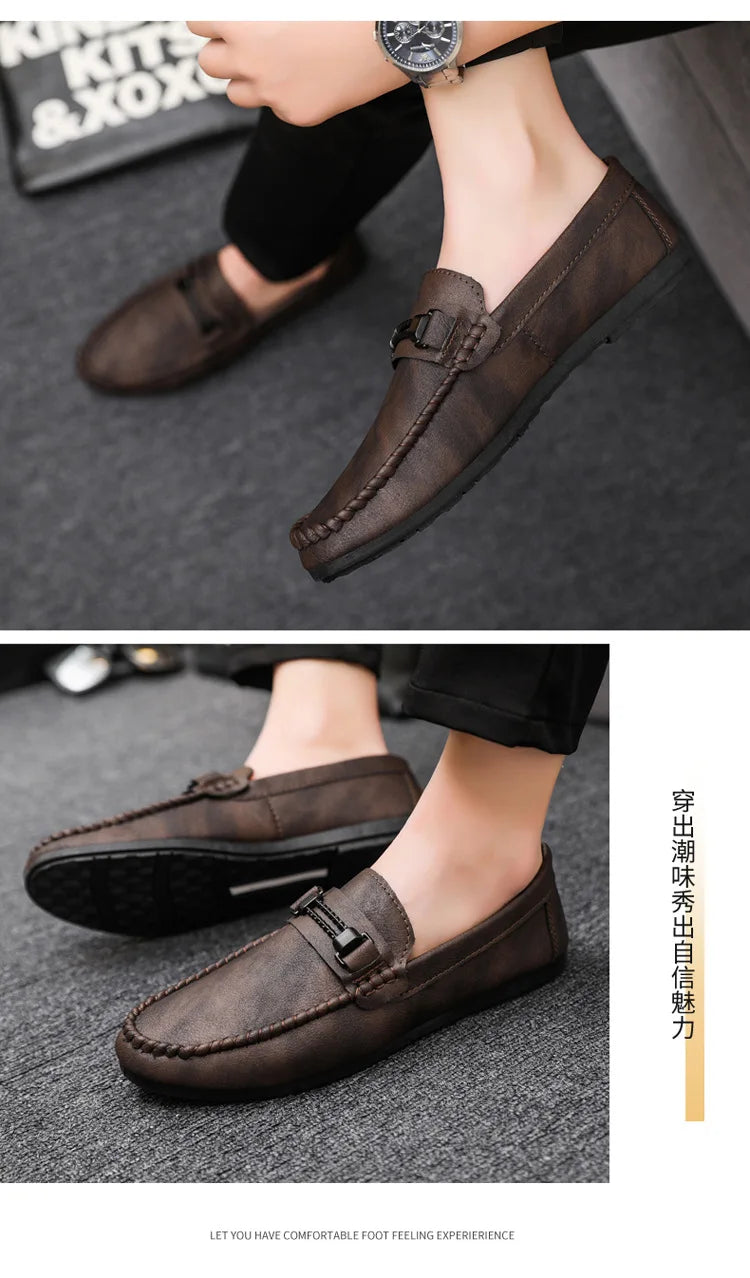 Mens Genuine Leather Loafers Luxury Formal Wedding Dress Shoes Soft Comfortable Waterproof Driving Shoes Slip on Flats Moccasin